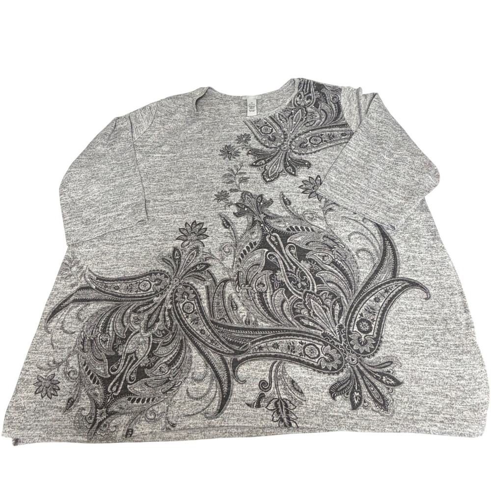 Catherines Plus Size 4X Gray Paisley Tunic Top 3/4 Sleeve Rhinestone Boho Knit